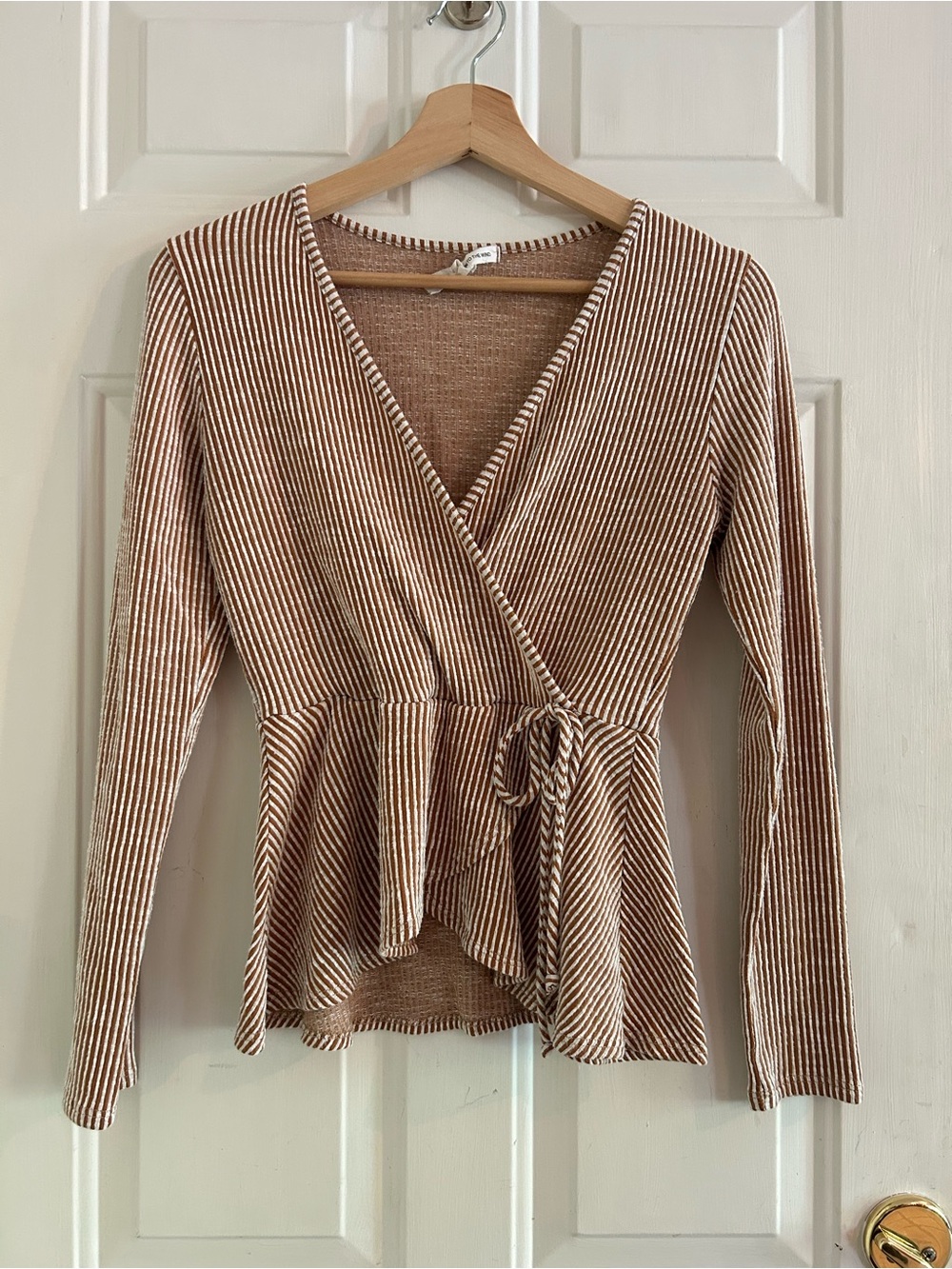 Caution To The Wind Brown & Cream Striped Wrap Peplum Top